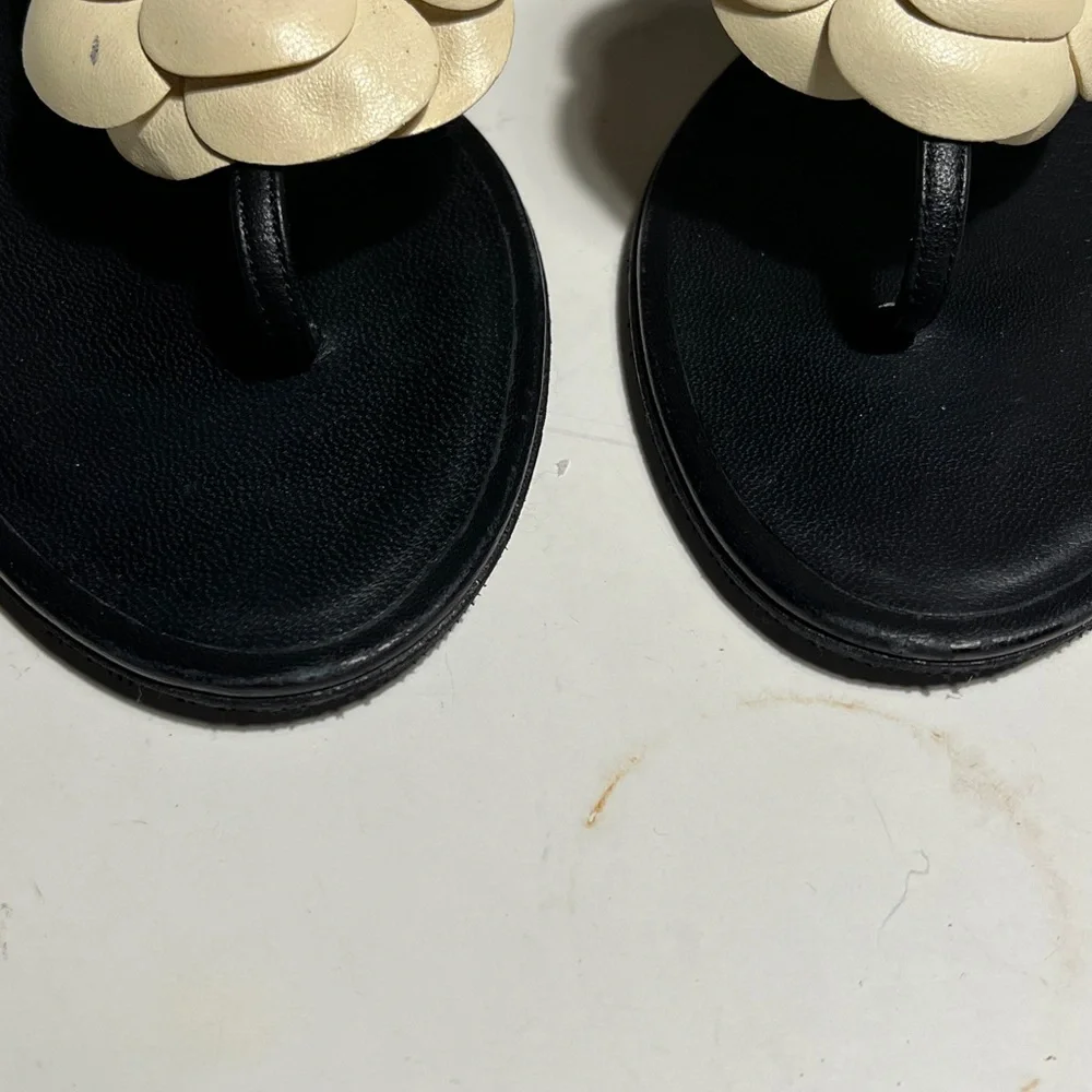 CHANEL Black and Cream Camellia Sandals